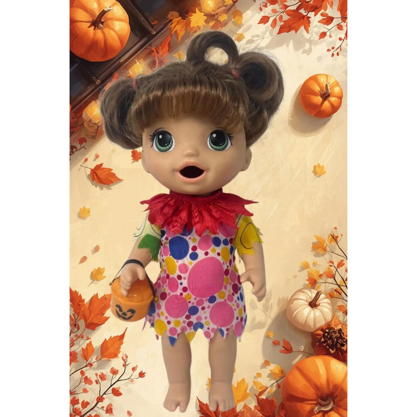 Детские аксессуары для кукол Doll Clothes Superstore Clown Costume Dress for 12 Inch Baby Alive Dolls – Halloween Outfit with Trick-or-Treat Bucket — фото 4