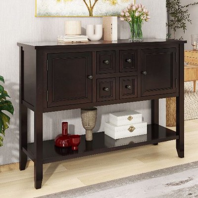 Sapphtopaz Vintage Console Table with 4 Drawers & Bottom Shelf, Solid Pine Entryway Sofa Table for Living Rooms, Entryway Table with Ample Storage