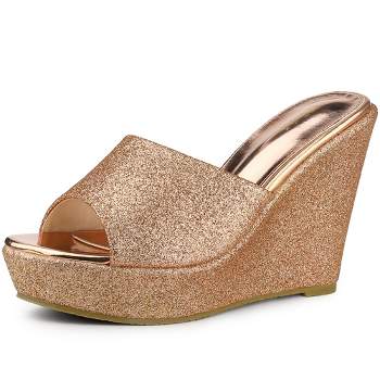 Allegra K Women's Glitter Platform Slip-on Wedge Heels Sandals