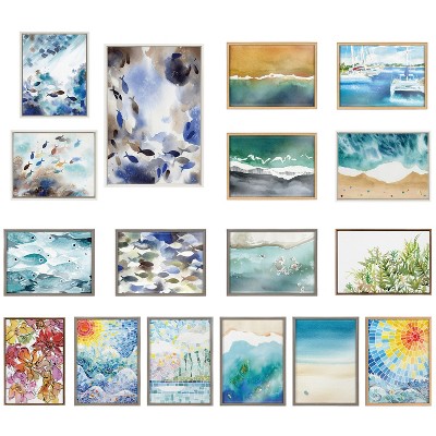 Set of 3 Blue and Brown Abstract Fish Canvas Art