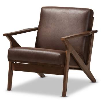 Bianca Mid Century Modern Walnut Wood Distressed Faux Leather Lounge Chair Dark Brown - Baxton Studio