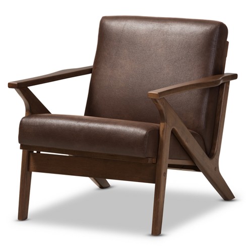 Bianca Mid Century Modern Walnut Wood Distressed Faux Leather Lounge Chair Dark Brown - Baxton Studio - image 1 of 4