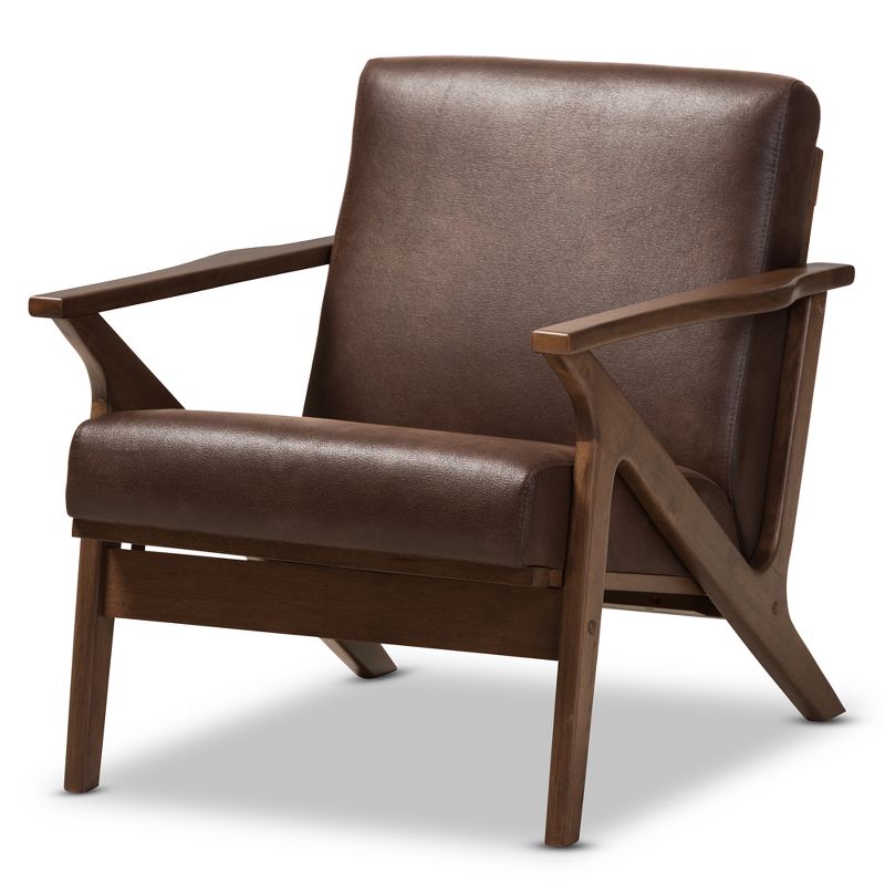 Bianca Mid Century Modern Walnut Wood Distressed Faux Leather Lounge Chair Dark Brown - Baxton Studio, 1 of 14