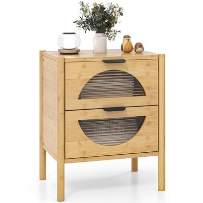 Costway 1/2 PCS Bamboo Nightstand with 2 Storage Drawers & Reeded Tempered Glass Fronts Bedroom