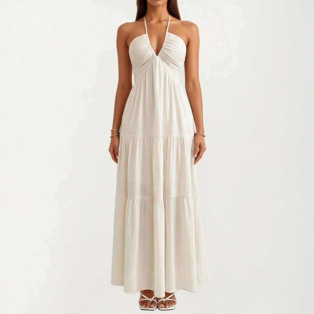 Anna-Kaci Women's Halter Neck Tiered Maxi Dress with Twist Front Bodice Flowing A Line Silhouette Lightweight Textured Fabric