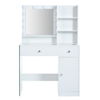 AZL1 Life Concept Dressers Luxury Vanity Table with LED Mirror Tempered Glass Top for Bedroom Dressing Room, White, 35.4"*15.7"*53.9"