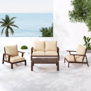 Scott Living Doris 4 Piece Outdoor Rustic Slat Design Acacia Wood Upholstered Seating Set - 1 of 4