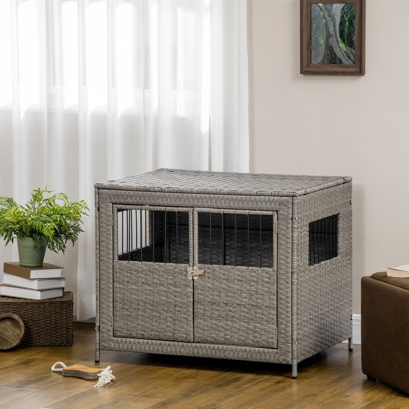 PawHut Rattan Dog Crate with Double Doors, Wicker Dog Cage with Large Entrance and Soft Cushion, Dog Kennel for Medium to Large Sized Dogs, Gray, 3 of 8