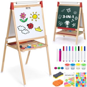 SUGIFT Adjustable Kids Art Easel – 3-in-1 Magnetic Whiteboard, Blackboard & Paper Roll, Foldable Wooden Drawing Board with Storage Tray - 1 of 4