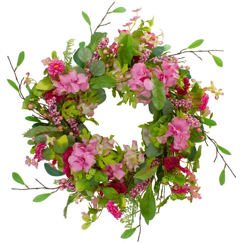 Northlight Chrysanthemum and Hydrangea Floral Spring Wreath, Pink 23", 1 of 6
