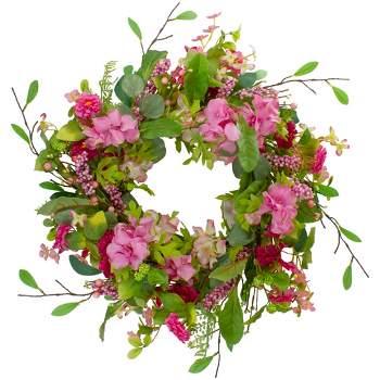 Northlight Chrysanthemum and Hydrangea Floral Spring Wreath, Pink 23"