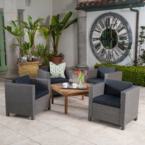 GDFStudio Venice Outdoor Wicker and Acacia Wood 5 Piece Club Chair Chat Set with Cushions - 1 of 4