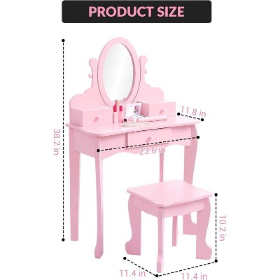 Kids Vanity Set with Adjustable Angle Mirror, Pretend Play Girls Vanity Table and Chair Set with Mirror, Stool, and Wood Makeup Playset