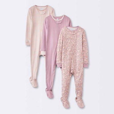 Image of Baby Girls' 3pk Floral Cotton Tight Fit Sleep N' Play - Cloud Island™ Pink 12M
