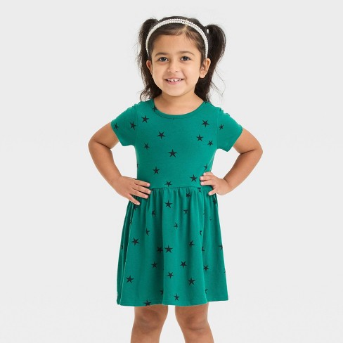 Toddler Girls Solid Star Short Sleeve Dress Cat Jack Dark Green 3T