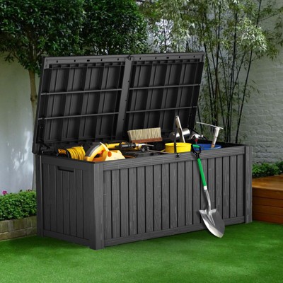 Maggift Deck Box, 150GAL Outdoor Storage Box, Patio Gardening Tools, Water and UV Resistant for Patio, Garden, Lawn, Black, 60.8"*28.4"*25.4"