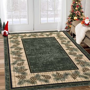 Christmas Washable Area Rug Xmas Pine Cones Rug Plaid Rugs for Living Room Bedroom - 1 of 4