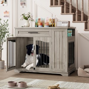 Dog Crate Furniture, 43.7 Inch Wooden Dog Kennel Indoor with 1 Storage Drawers&Feeding Bowls,Heavy Duty Large Crate Furniture, End Table Cage - 1 of 4