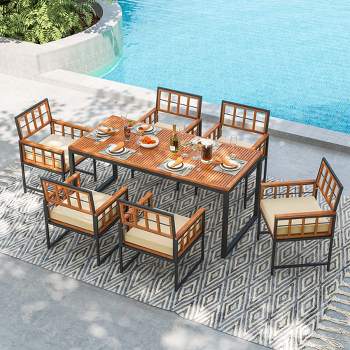 Costway 7 PCS Patio Dining Set Outdoor Acacia Wood Table with Soft Cushions Umbrella Hole