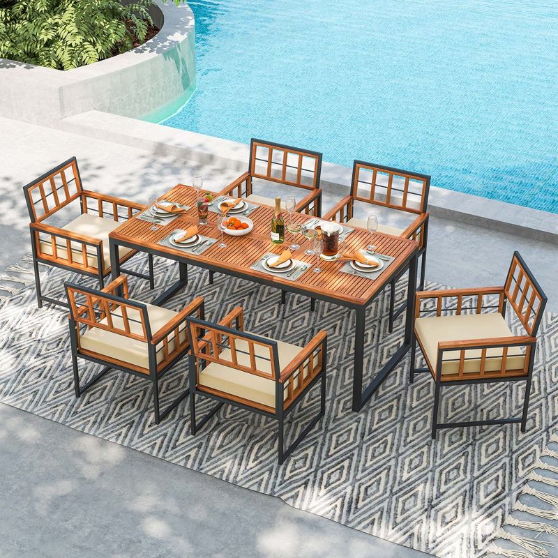 Costway 7 PCS Patio Dining Set Outdoor Acacia Wood Table with Soft Cushions Umbrella Hole, 1 of 11