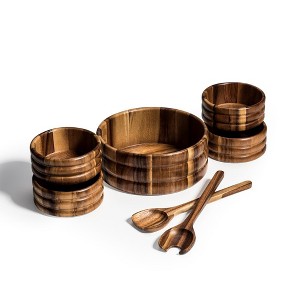 Kalmar Home Solid Acacia Wood 7 Piece - Large Salad Bowl with Servers and 4 Individuals - 1 of 3