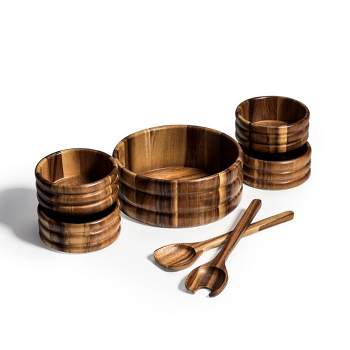 Kalmar Home Solid Acacia Wood 7 Piece - Large Salad Bowl with Servers and 4 Individuals