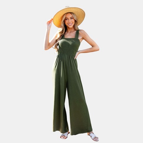 Women's Olive Square Neck Smocked Bodice Wide Leg Jumpsuit - Cupshe-S-Green