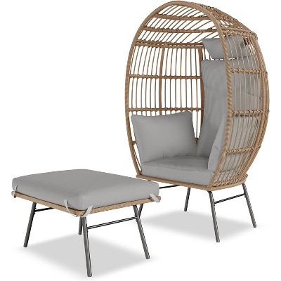 Patio Egg Chair Outdoor with Ottoman - Wicker Egg Chair Oversized Patio Lounge Chairs with Cushions, for Balcony, Living Room