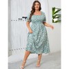 Coolmee Women's Plus Size Floral Summer Dress Puff Sleeve Smocked Ruffle Square Neck Casual Dress Cute Midi Dress - 3 of 4