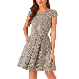 Allegra K Women's Plaid Round Neck Cap Sleeve A-Line Vintage Pleated Dresses - 1 of 4