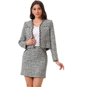 Allegra K Women's Plaid Tweed Outfits Open Front Short Blazer Jacket and Skirt Sets - 1 of 4