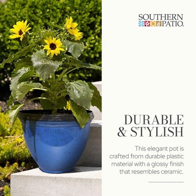 Monaco Blue Glossy Resin Outdoor Patio Planter, 12-Inch