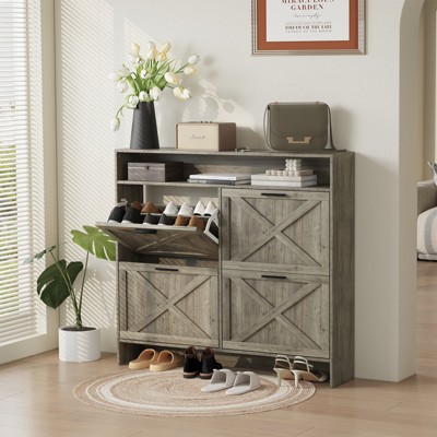 Vividwood Farmhouse Wooden Shoe Cabinet – Narrow Entryway Shoe Storage with 4 Flip Drawers & Organizer Shelves