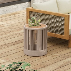 MOEPISY Outdoor Rattan Rope and Acacia Wood Side Table, Teak and Beige - 1 of 4