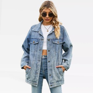 Women's Denim Jackets Long Sleeve Jean Jacket Oversized Button Dwon Long Denim Shackets with 4 Pockets Boyfriend Fit Fall Fashion Coats - 1 of 4