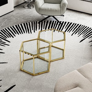 2pcs Small Stainless Steel Coffee Table with Double-Layer Tempered Glass and Polygonal Design for Living Room - 1 of 4