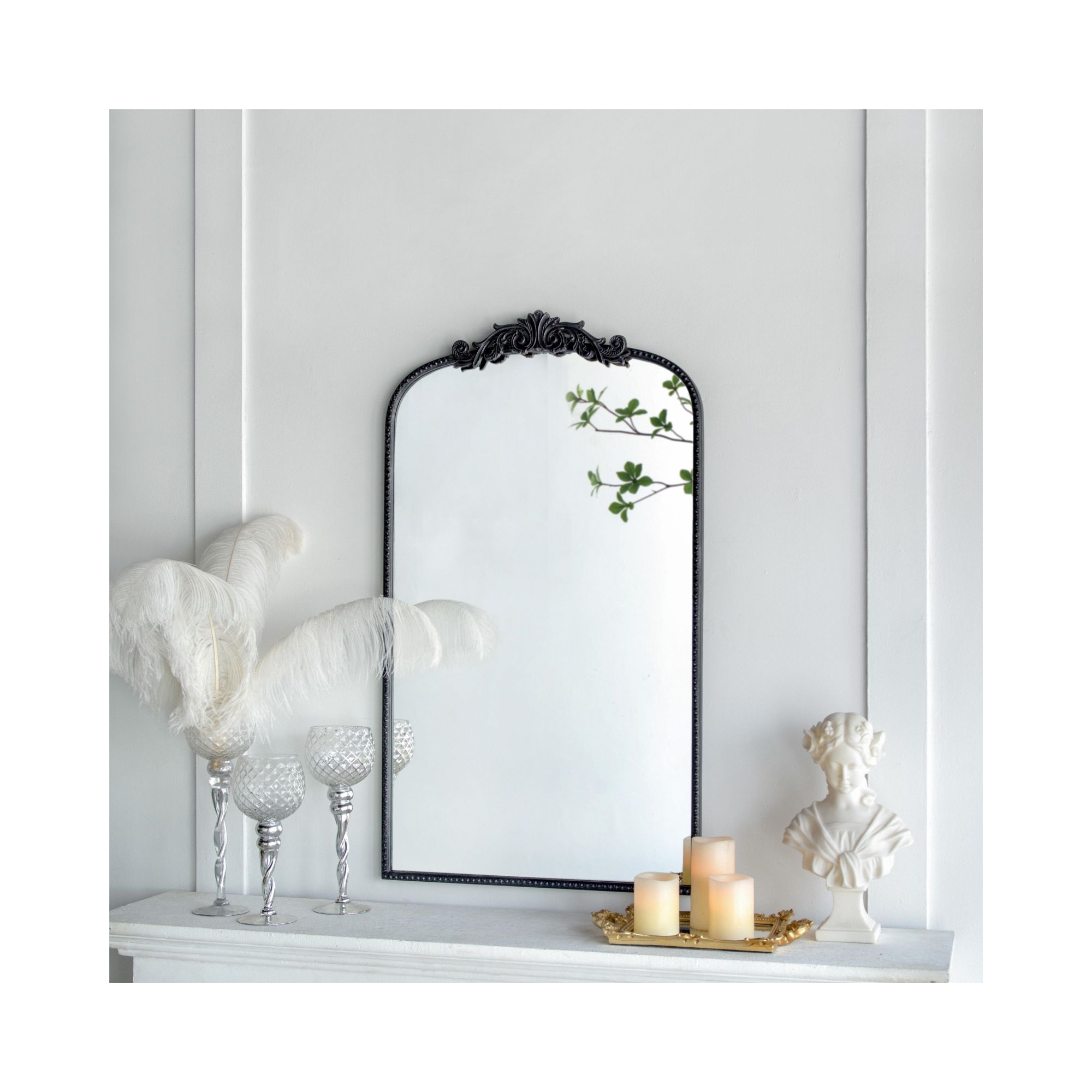 24" x 42" Vintage Black Arched Wall Mirror, Ornate Baroque Mantle Mirror with Floral Crown for Entryway - Panipeachy