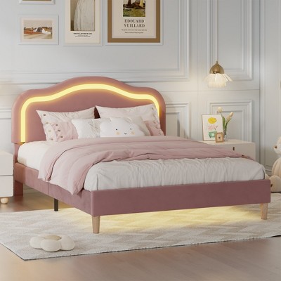 KTMBDW Upholstered Queen Bed Frame with Headboard Adjustable, Velvet Platform Bed with LED Lights, Mattress Foundation with Wooden Slats