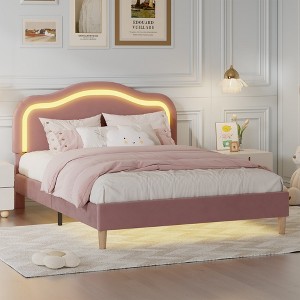 KTMBDW Upholstered Queen Bed Frame with Headboard Adjustable, Velvet Platform Bed with LED Lights, Mattress Foundation with Wooden Slats - 1 of 4