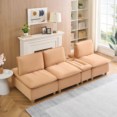 CAVINAS Home Sofa Chair Living Room, 104-Inch Straight-Row Three-Seater Pumpkin-Colored Flannel Sofa with A Storage Compartment, Cup Holders