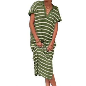 Imily Bela Women's striped dress, striped dress, short-sleeve V-neck knit dress, sexy slit, loose long collared sweater dress - 1 of 4