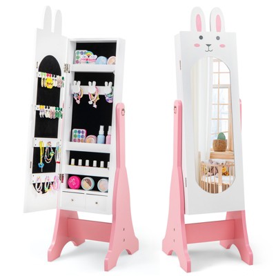 Tangkula Kids Jewelry Armoire Cabinet Free-Standing Full Length Mirror with Storage and 4 Tilt Angles