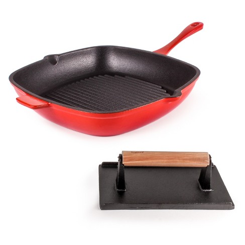 BergHOFF Neo 2 Pc. Cast-Iron Grill Pan & Slotted Steak Press Set, Red