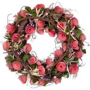 Northlight 12.5" Pink Flowers Berries Green Leaves and Twigs Artificial Floral Spring Wreath - 1 of 4