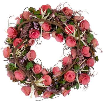 Northlight 12.5" Pink Flowers Berries Green Leaves and Twigs Artificial Floral Spring Wreath