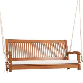 Tangkula 2-Seat Patio Hanging Wooden Porch Swing Bench w/ Cushion