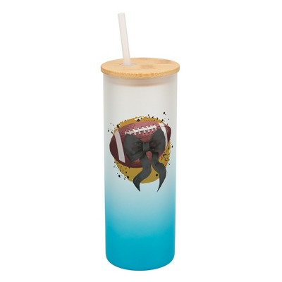 Elanze Designs 25 Ounce Frosted Glass Gradient Travel Tumbler With Straw and Wooden Lid, Football With Black Bow Sky Blue