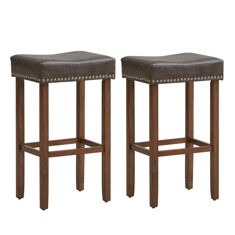 Coastway 29.5" Wood Frame PU Leather Upholstered Bar Stools Set of 2 with Footrests Brown/Grey, 1 of 8