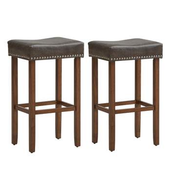 Coastway 29.5" Wood Frame PU Leather Upholstered Bar Stools Set of 2 with Footrests Brown/Grey