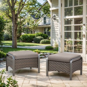 Gymojoy Outdoor 2 Pieces Patio PE Rattan Ottomans with Removable Cushions - 1 of 4